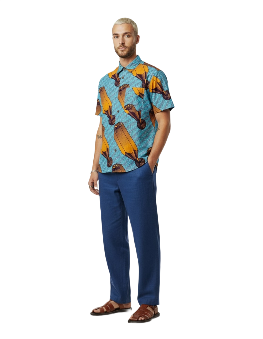 Pencil Design Blue & Yellow Ankara Wax Print Short Sleeve Shirt