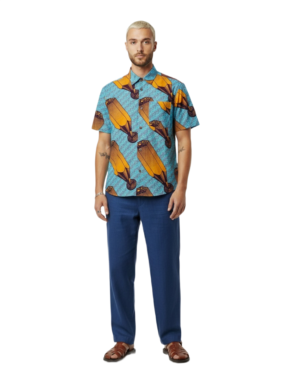 Pencil Design Blue & Yellow Ankara Wax Print Short Sleeve Shirt