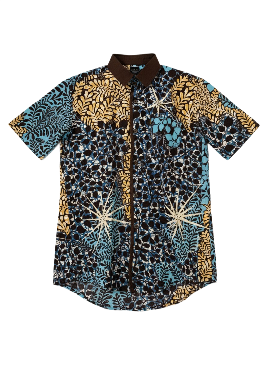 Botanical Wildroot Earth Brown Lined & Aqua Blue Ankara Print Short Sleeve Shirt