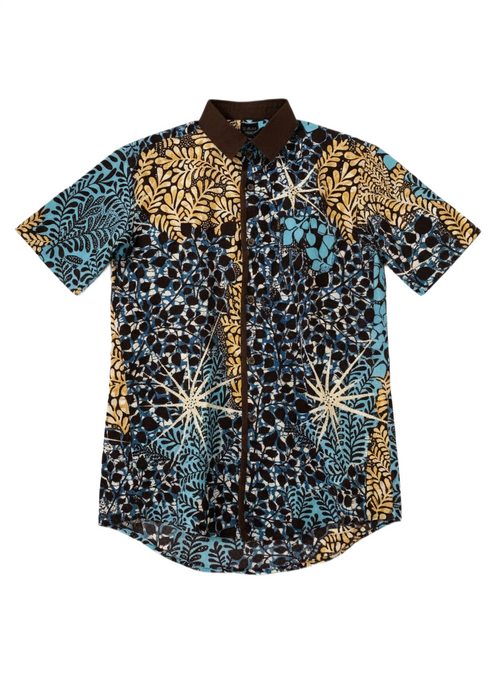 Botanical Wildroot Earth Brown Lined & Aqua Blue Ankara Print Short Sleeve Shirt
