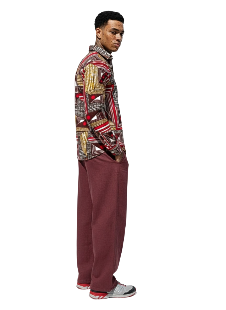 Geometric Patchwork Red, Maroon & Marigold Long Sleeved Shirt
