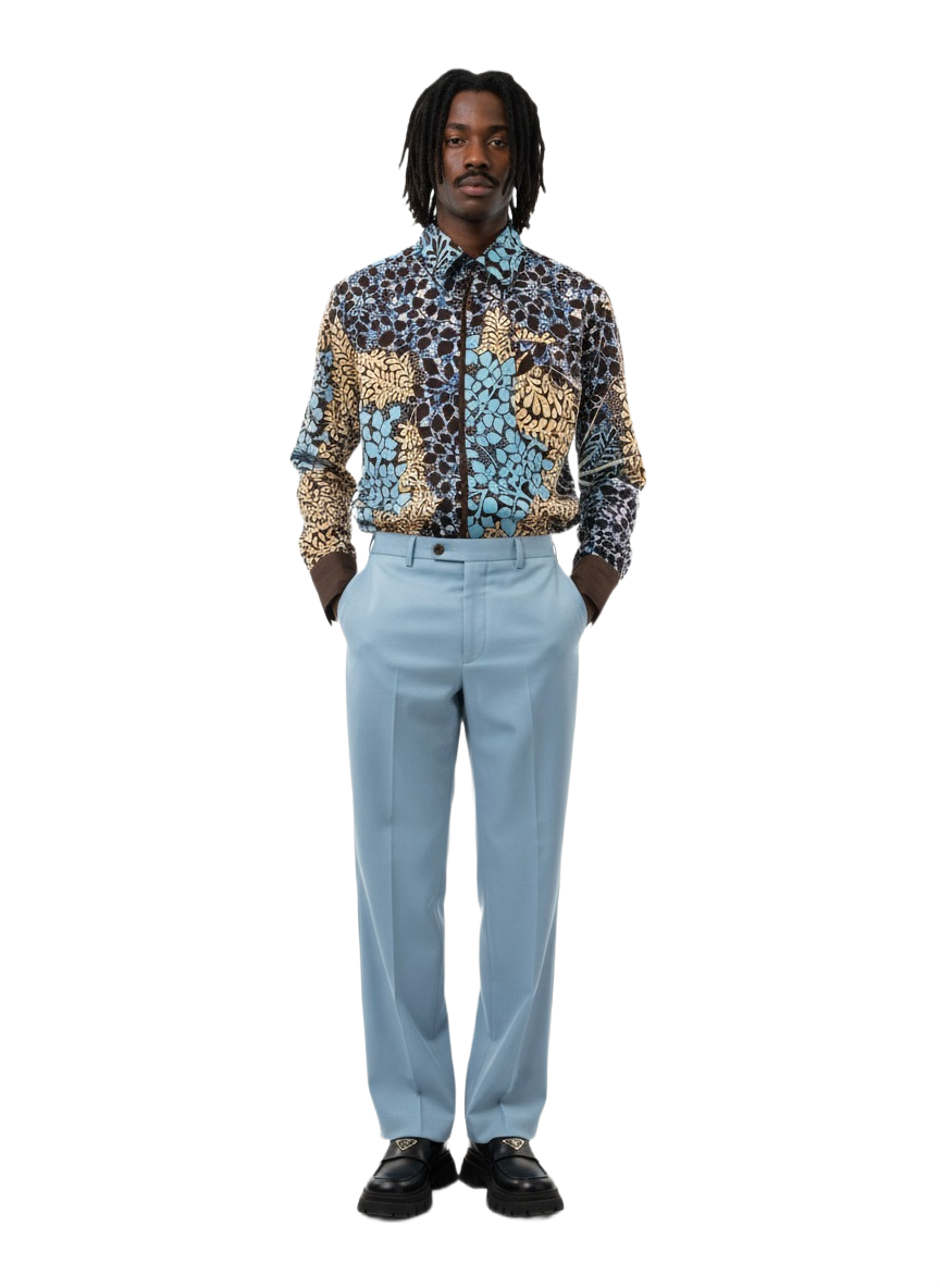 Botanical Wildroot Aqua Blue & Brown Lining Design Ankara Shirt