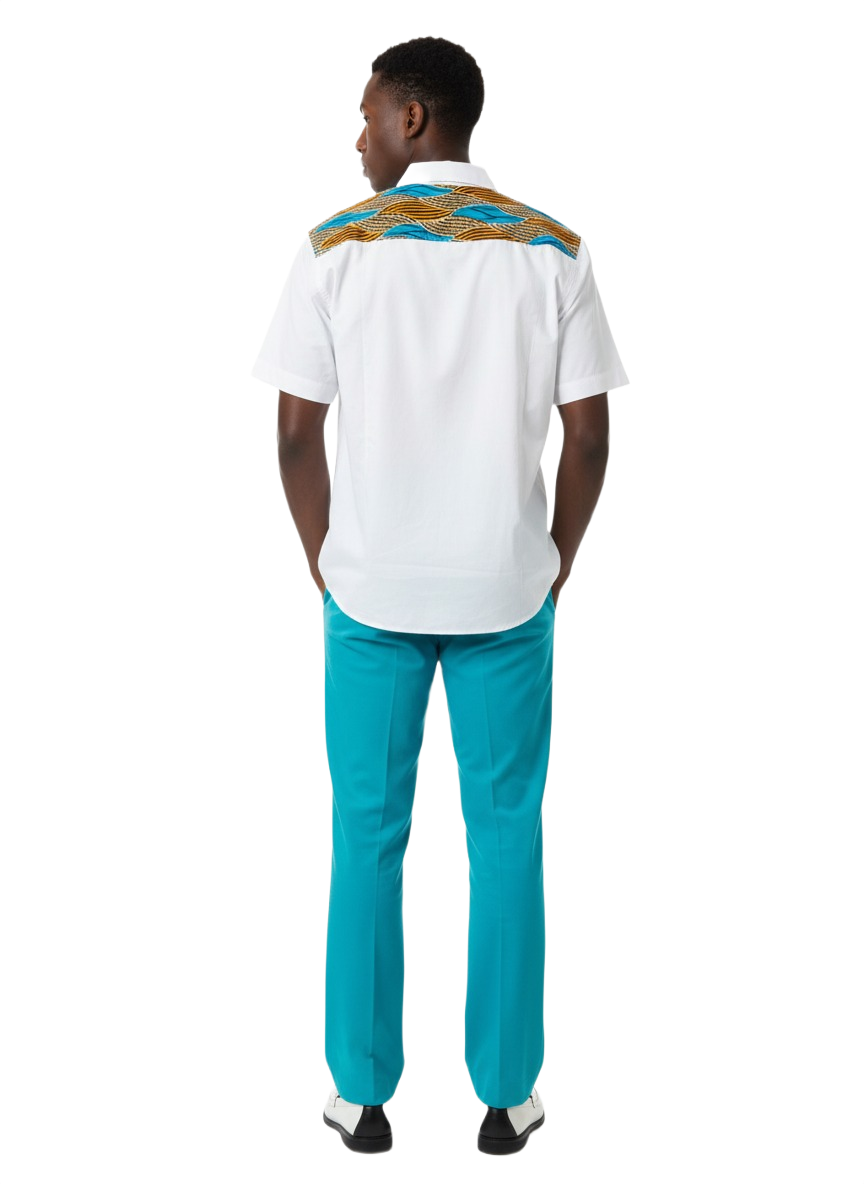 Quarter Combination Aqua Blue & White Ankara Short Sleeve Shirt