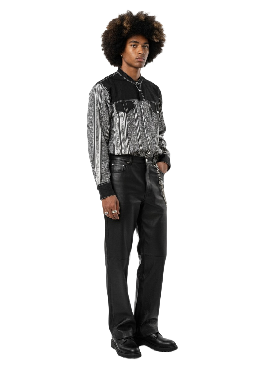 Mandarin Collar Black Panel & White Striped Ankara Shirt