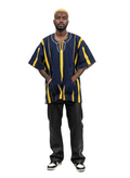 Navy Blue & Yellow Striped Handwoven Short Sleeve Batakari Fugu