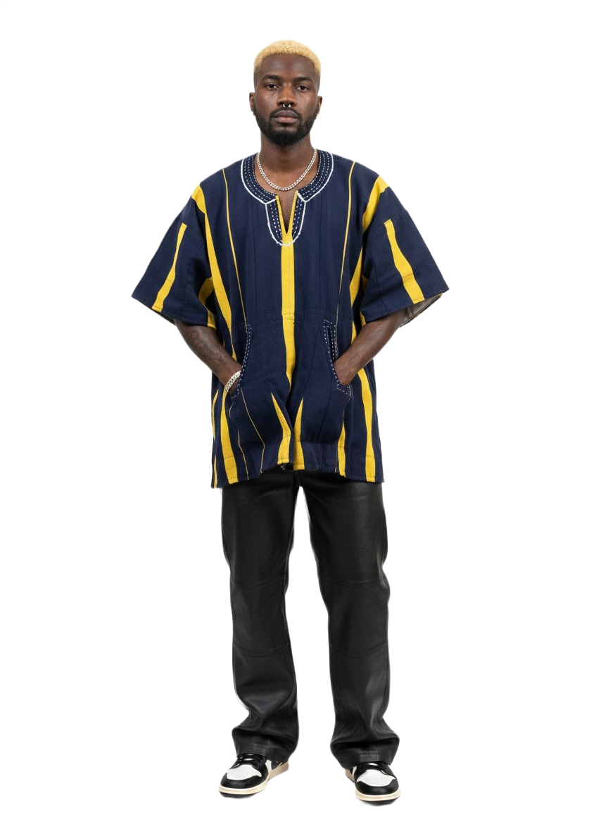 Navy Blue & Yellow Striped Handwoven Short Sleeve Batakari Fugu