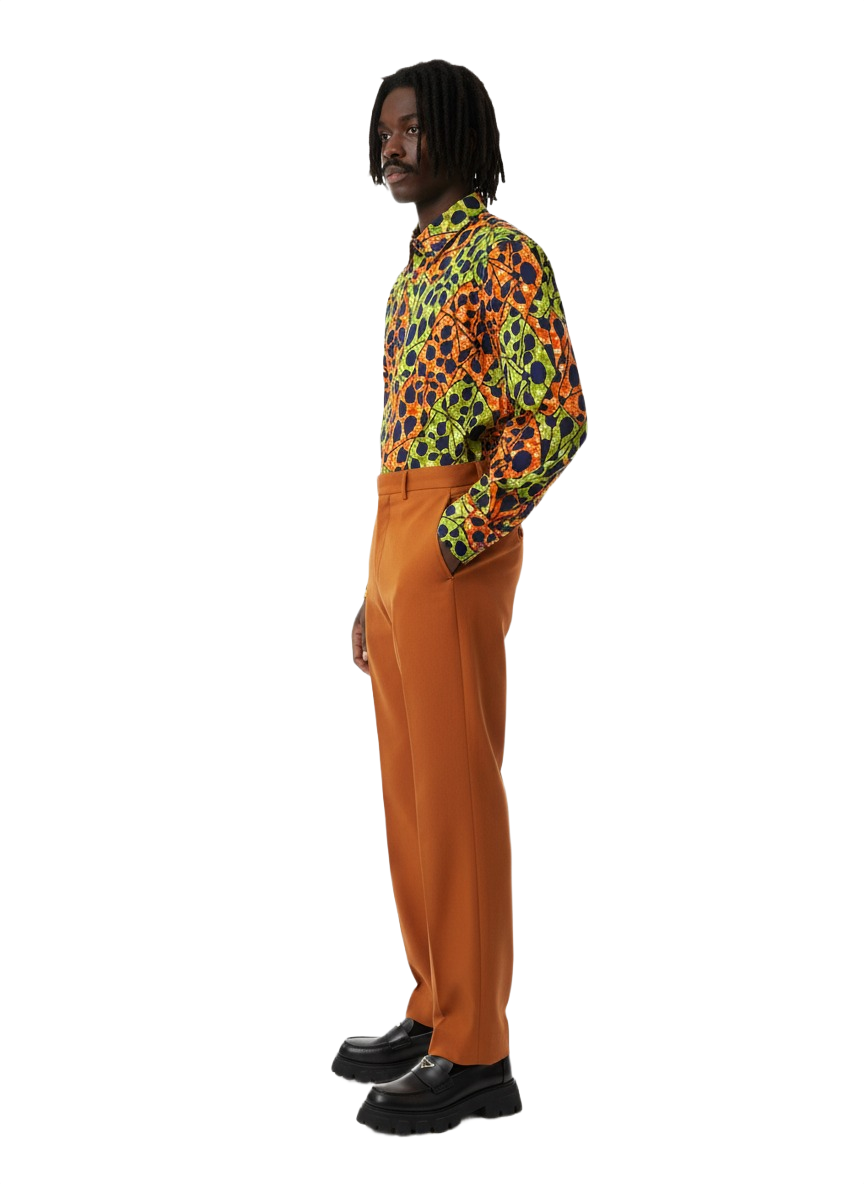 Spotted Orange & Lime Green Ankara Long Sleeve Shirt with White Stitching
