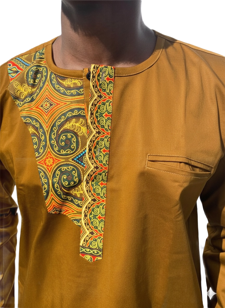 Caramel Osahene Regency Ankara Long-Sleeved Button Crew Neck Top