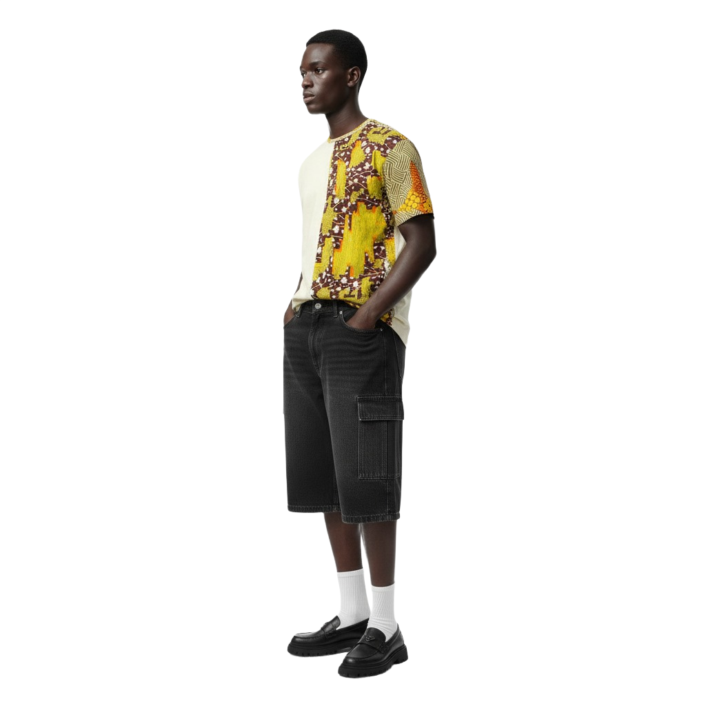 Contrast Frog Green, Maroon & Off-White Ankara Round Neck T-Shirt