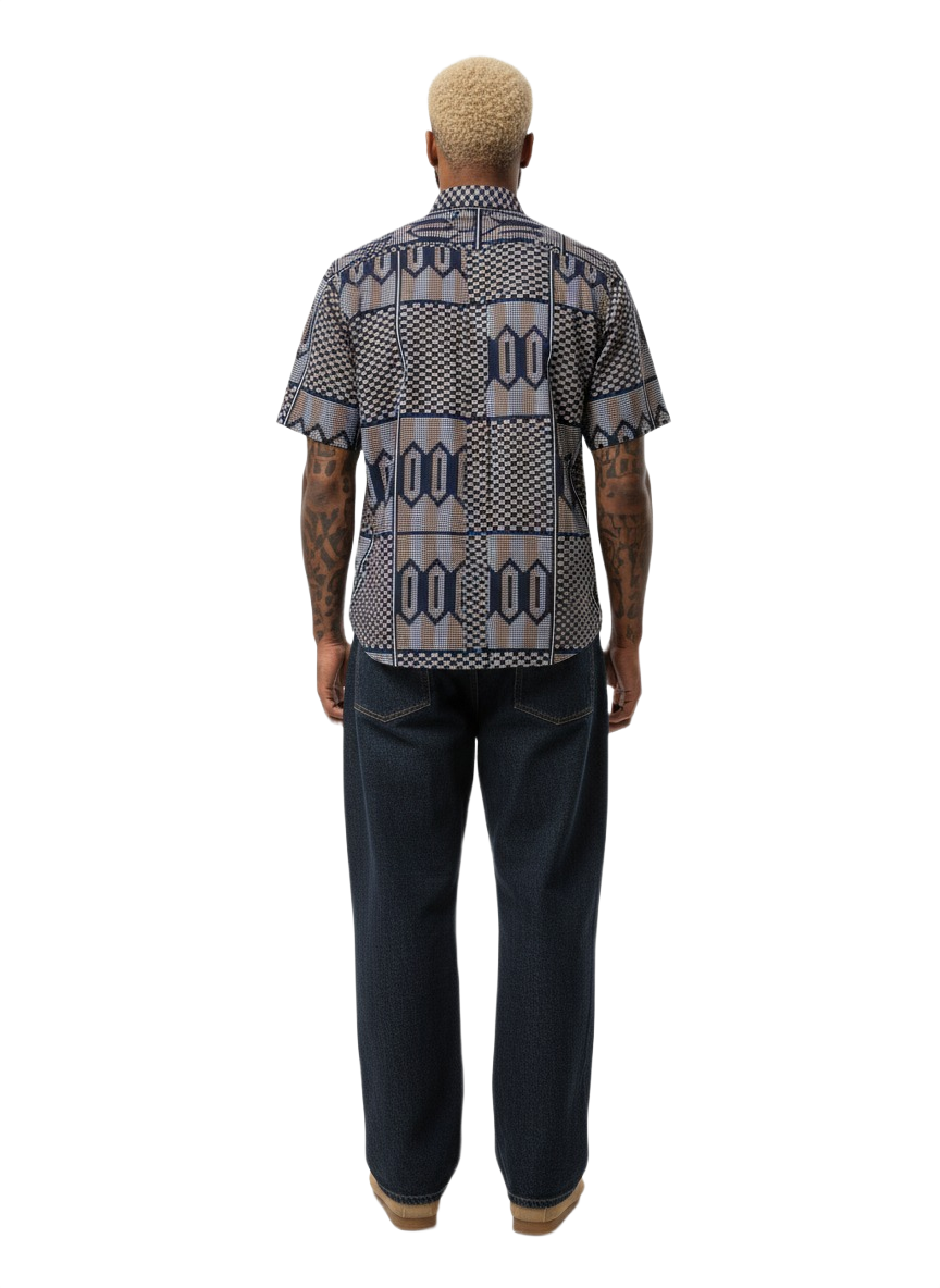 Pilled Navy, Ivory & Peach Ankara Print Short Sleeve Shirt