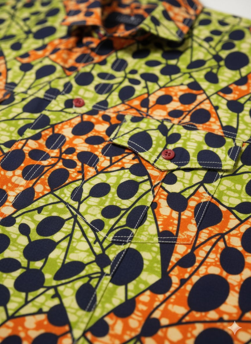 Speckled Lime Green, Black & Orange Ankara Short Sleeve Shirt