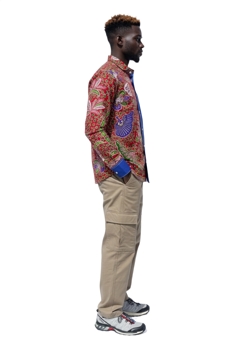 Contrasting Botanical Red and Deep Blue Shirt