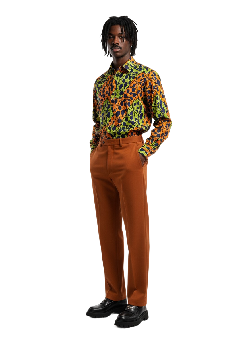 Spotted Orange & Lime Green Ankara Long Sleeve Shirt with White Stitching