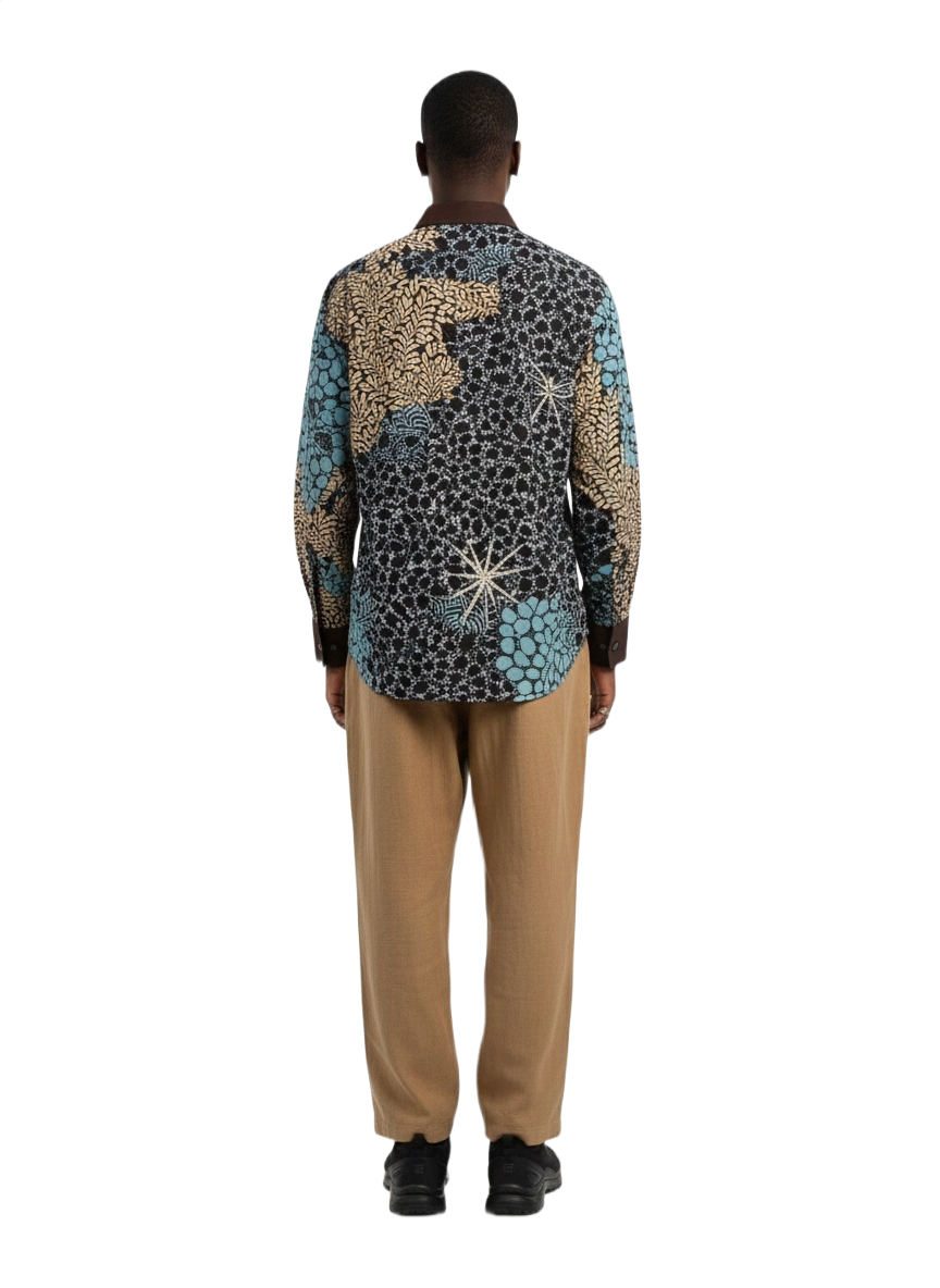 Cuff Collared Botanical Wildroot Aqua Blue & Brown Design Ankara Shirt