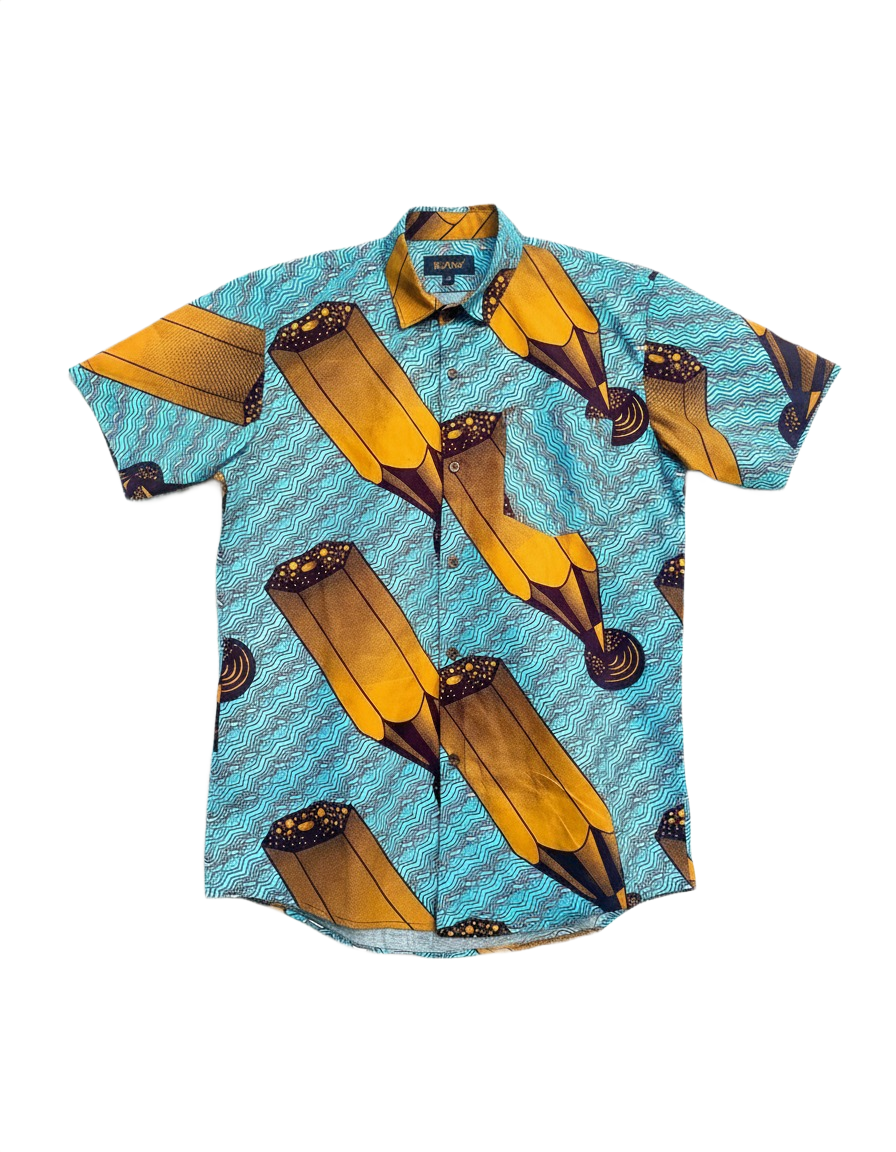 Pencil Design Blue & Yellow Ankara Wax Print Short Sleeve Shirt