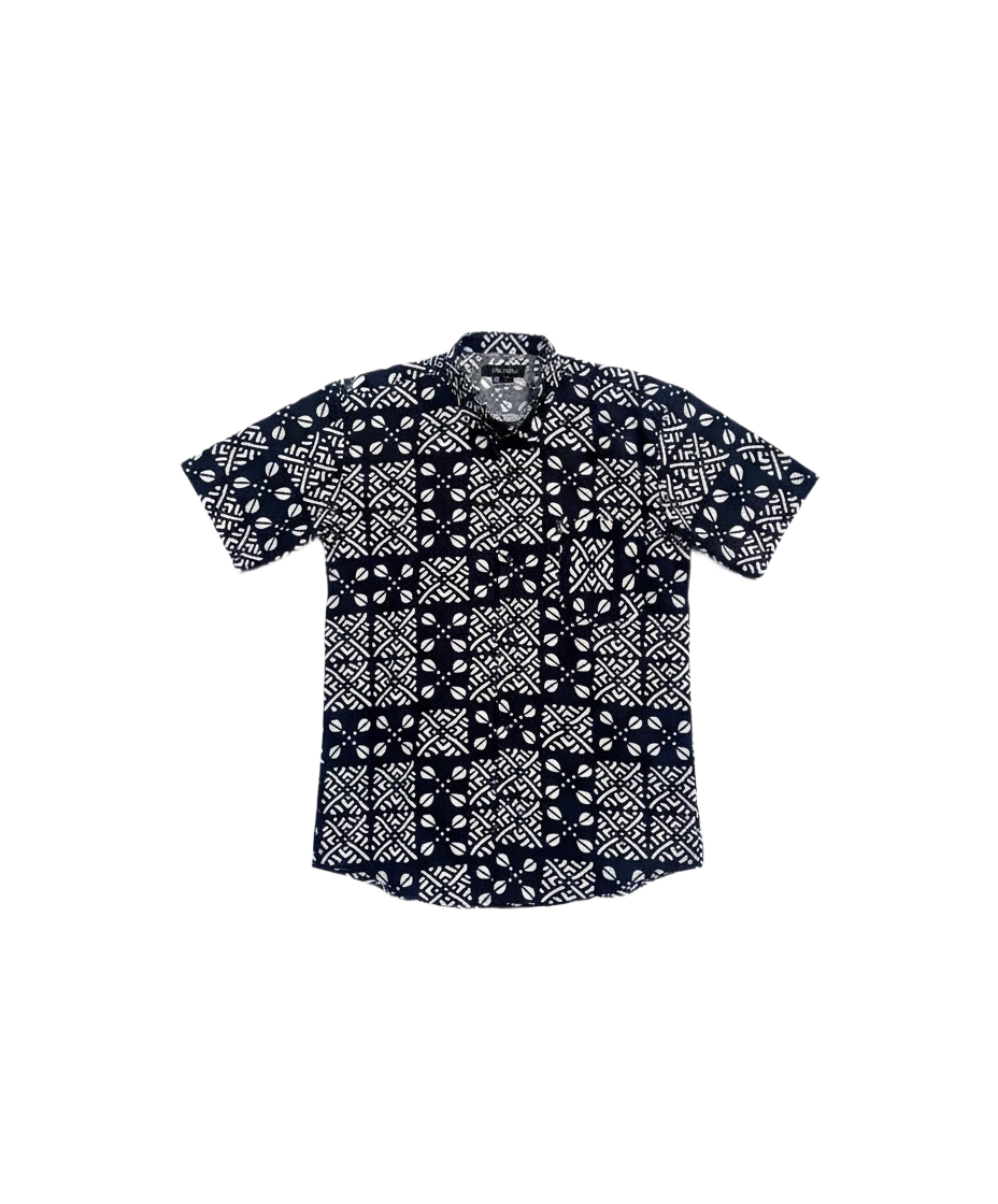 Asase Black & White Ankara Design Wax Short Sleeve Shirt