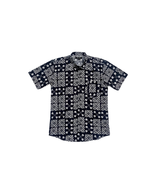 Asase Black & White Ankara Design Wax Short Sleeve Shirt