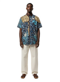Botanical Wildroot Earth Brown Lined & Aqua Blue Ankara Print Short Sleeve Shirt