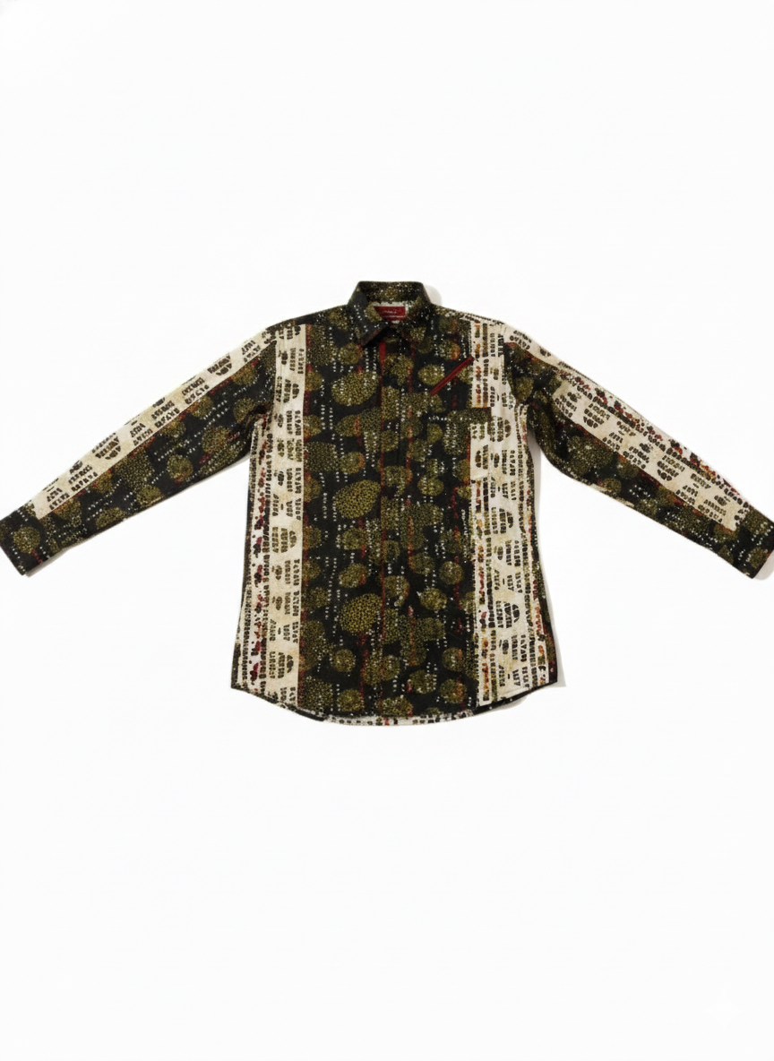 Red Slit Pocketed Black and White Minimalist Wax Print Shirt