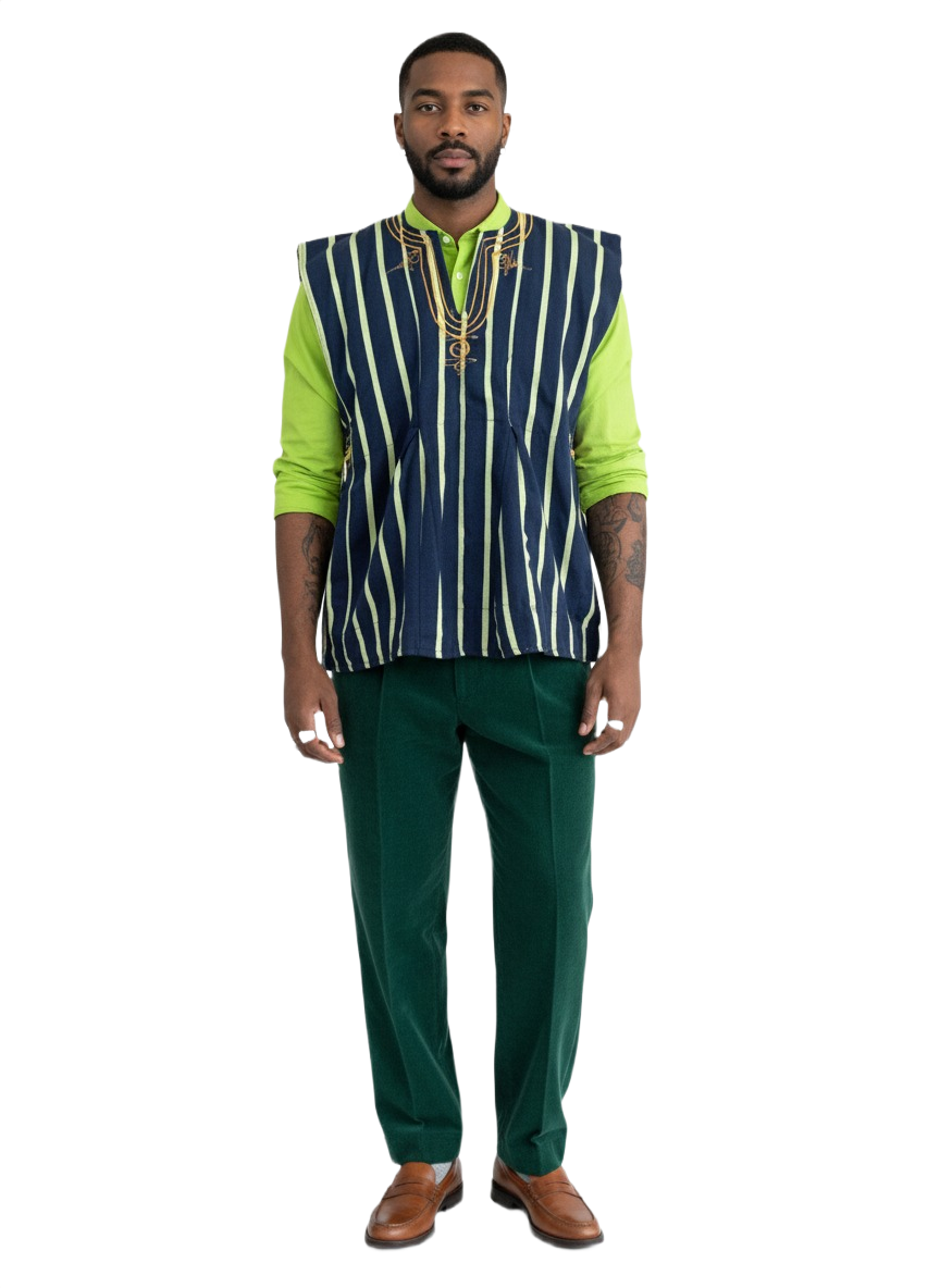 Lime Green & Navy Stripe Handwoven Batakari Fugu