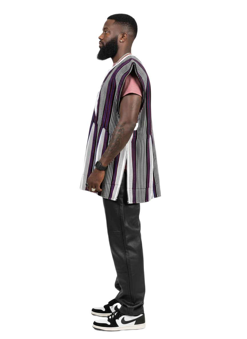 Blouse tissée à la main unisexe - rayures bleues, rouges et ivoire #SMK707