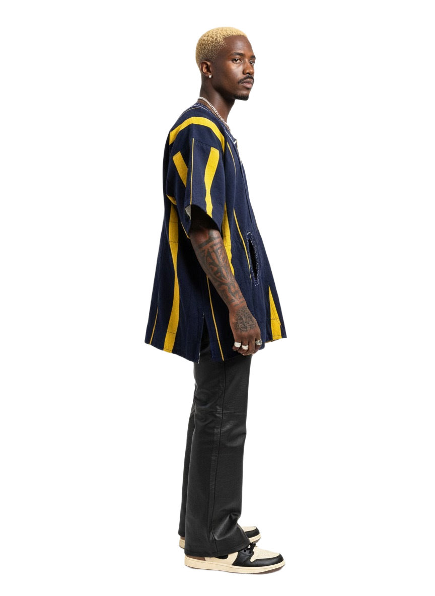 Navy Blue & Yellow Striped Handwoven Short Sleeve Batakari Fugu