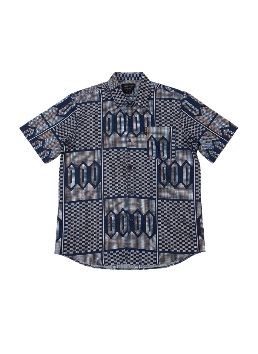 Pilled Navy, Ivory & Peach Ankara Print Short Sleeve Shirt