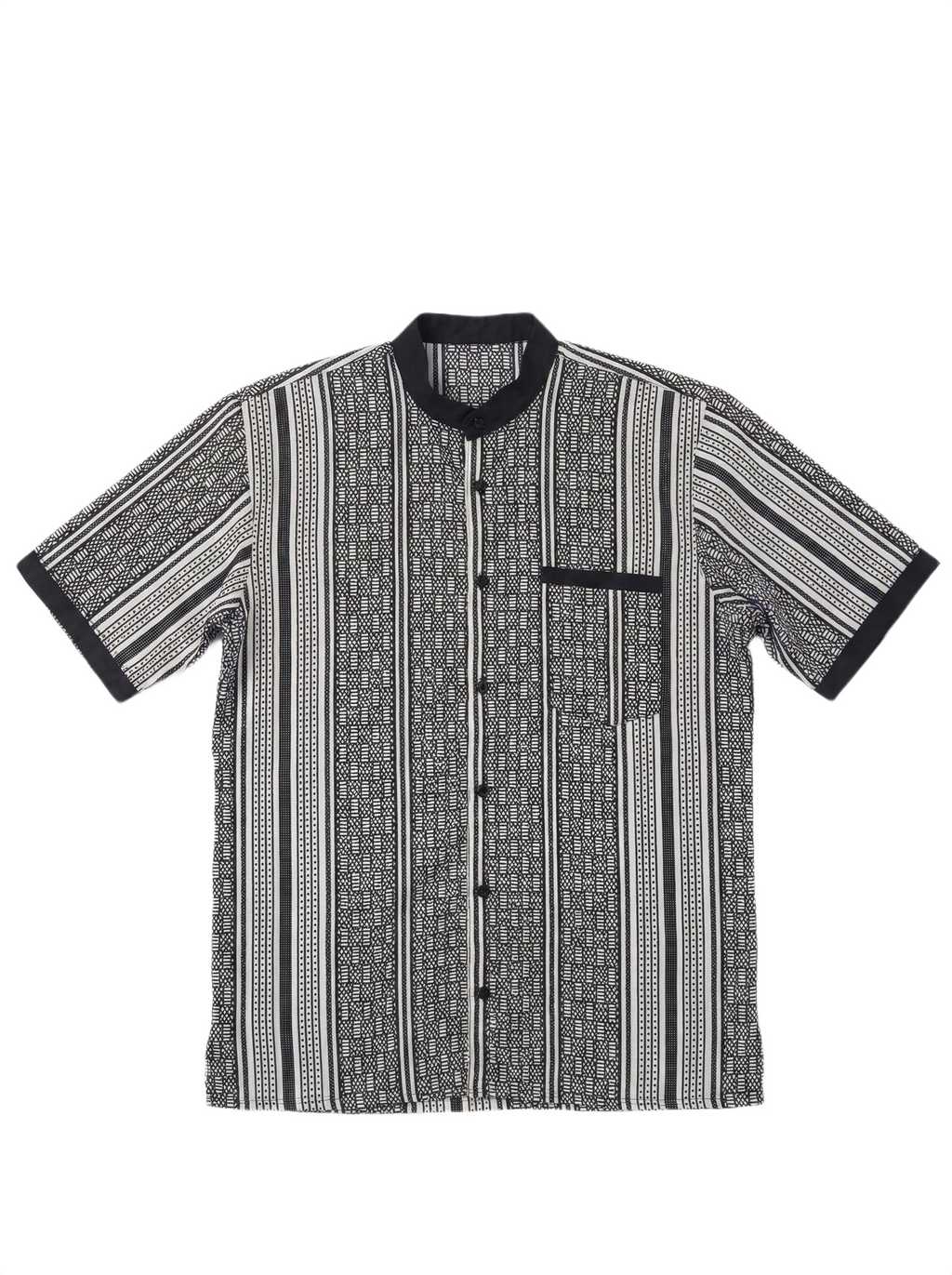 Mandarin Collar Lined Midnight Black & White Striped Short Sleeve Shirt
