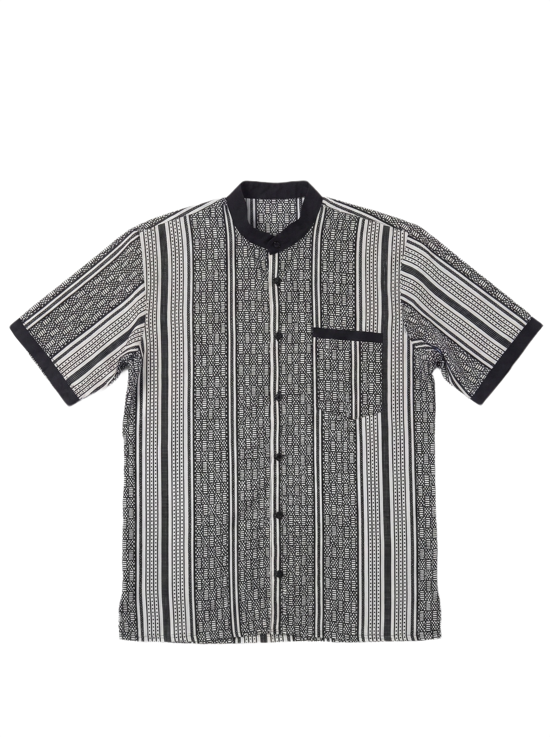 Mandarin Collar Lined Midnight Black & White Striped Short Sleeve Shirt