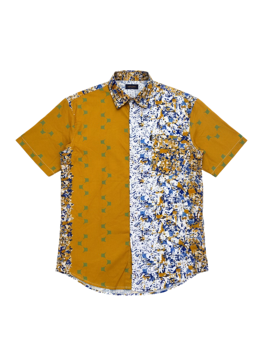 Floral Pattern & Mustard Ankara Combination Collar Shirt