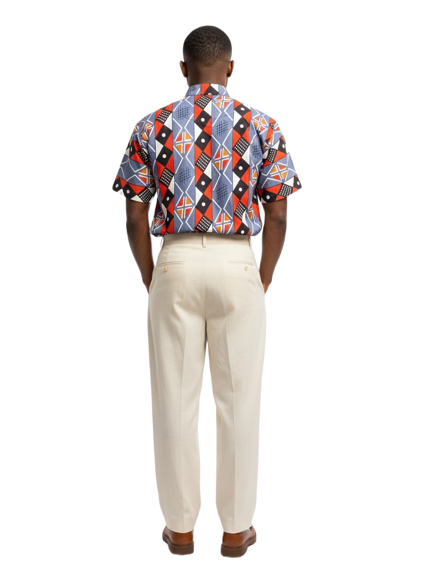 Blue & Red Norse Design Cotton Ankara Wax Print Short Sleeve Shirt