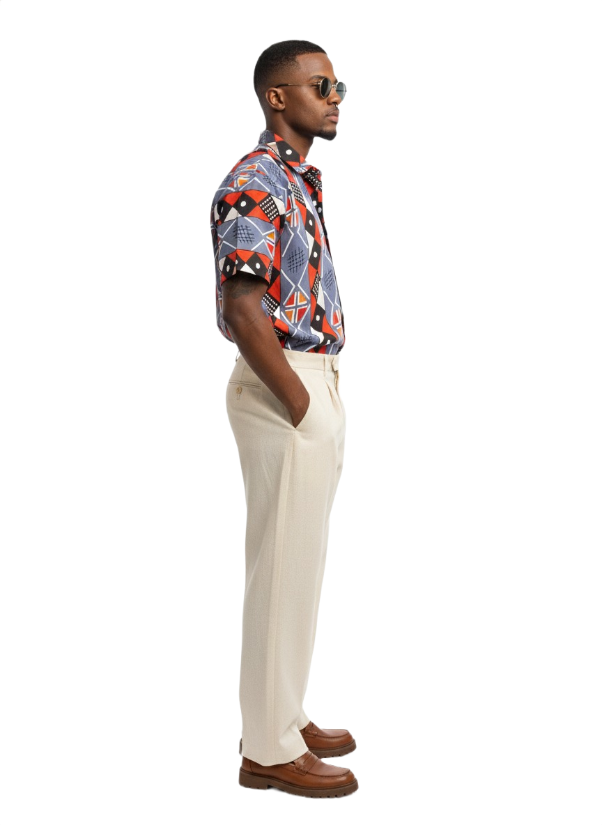 Blue & Red Norse Design Cotton Ankara Wax Print Short Sleeve Shirt