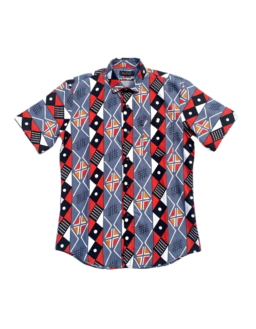 Blue & Red Norse Design Cotton Ankara Wax Print Short Sleeve Shirt