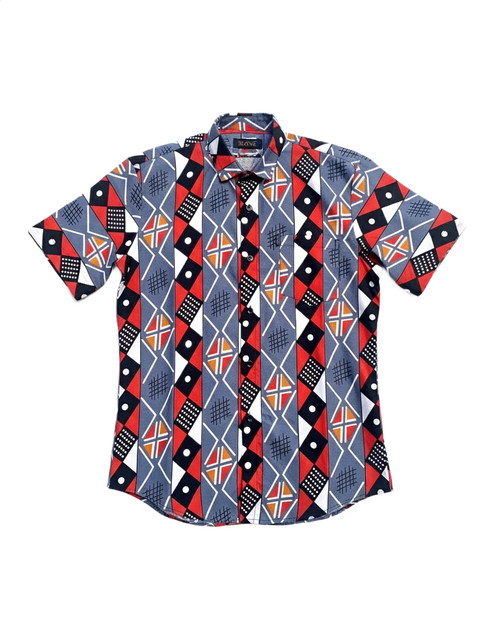 Blue & Red Norse Design Cotton Ankara Wax Print Short Sleeve Shirt