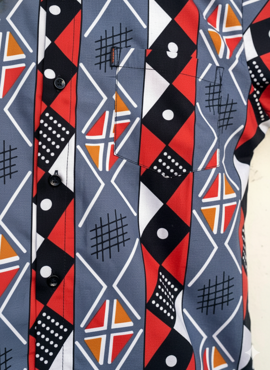 Blue & Red Norse Design Cotton Ankara Wax Print Short Sleeve Shirt