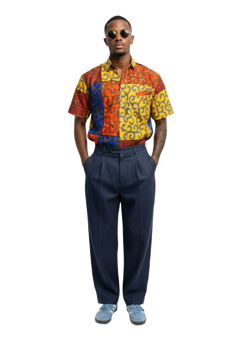 Multi Patchwork Blue, Red, Yellow & Burgundy Ankara Print Shirt