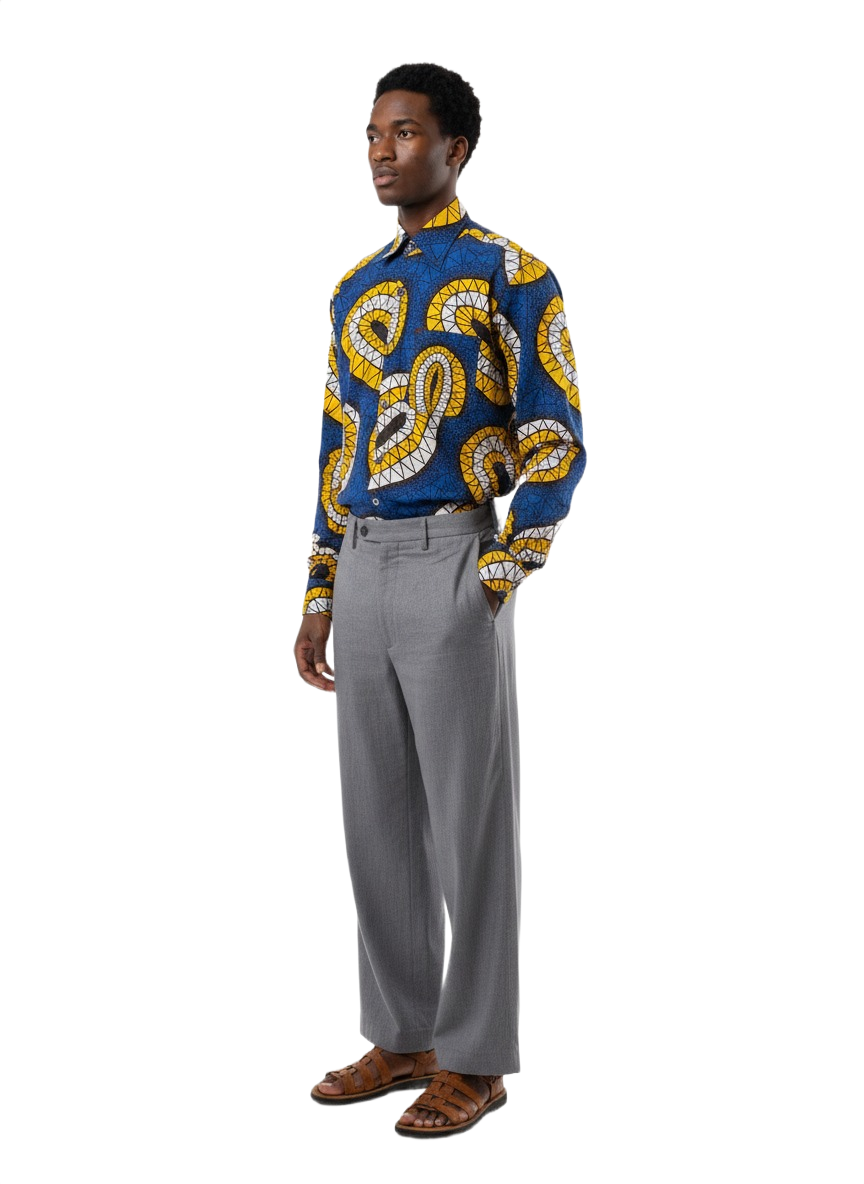 Geometric Disc Blue & Yellow Ankara Long Sleeved Shirt & Square Button