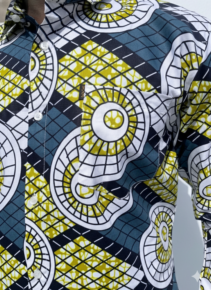 Geometric Shell Checkerboard Lime & Slate Ankara Print Shirt