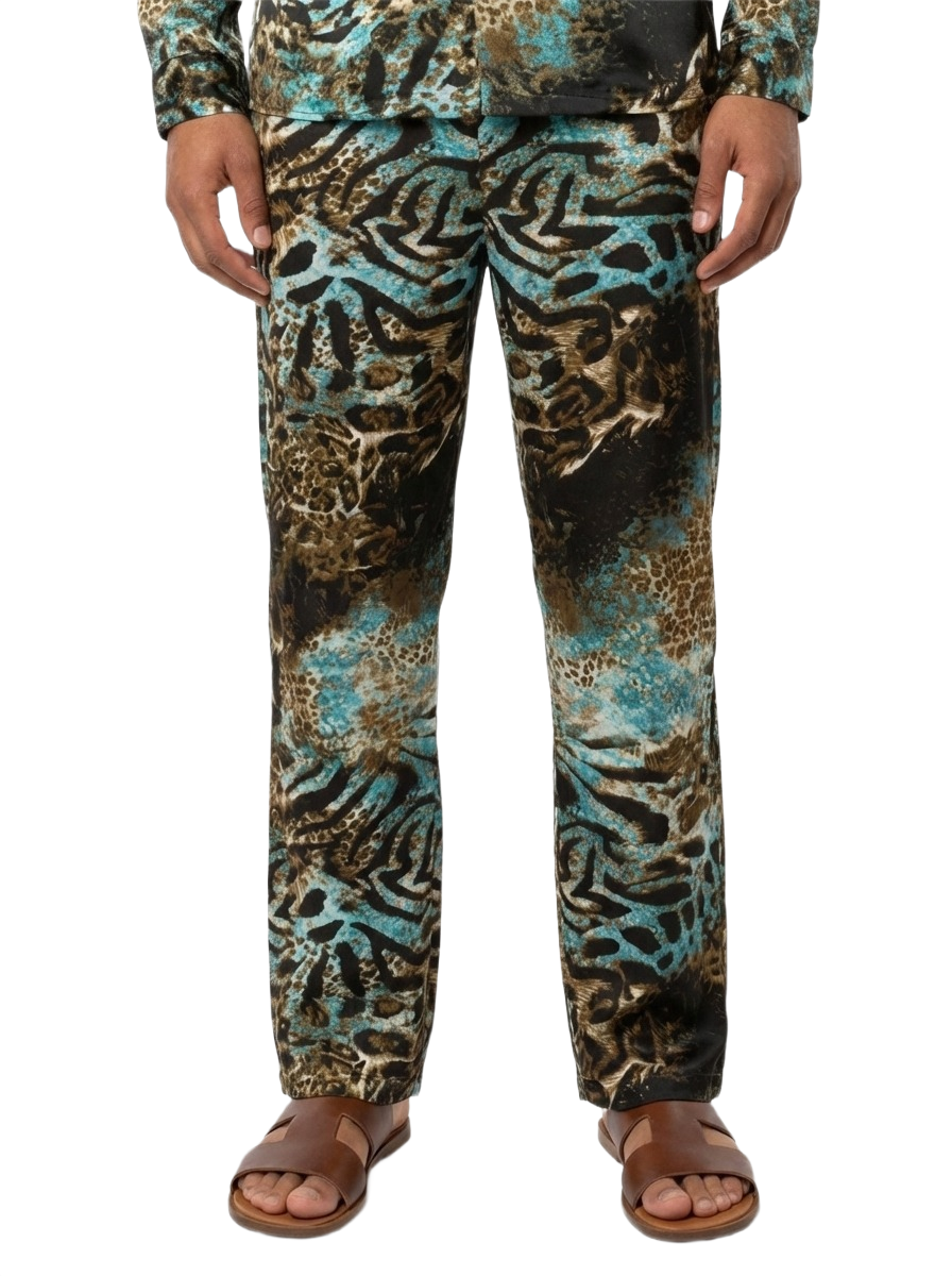 Ice Blue Tiger Print Silk Relaxed Trousers