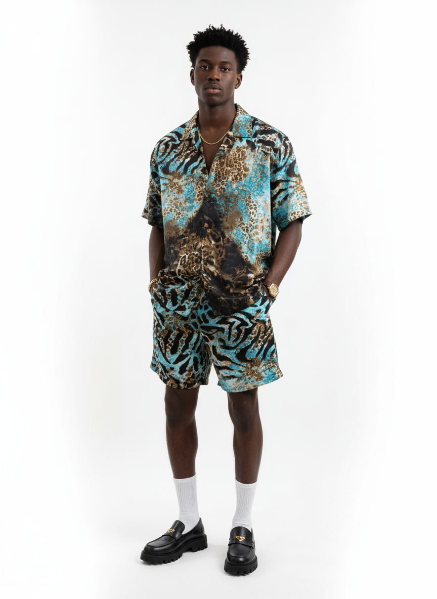 Ice Blue Tiger Print Silk Relaxed Shorts