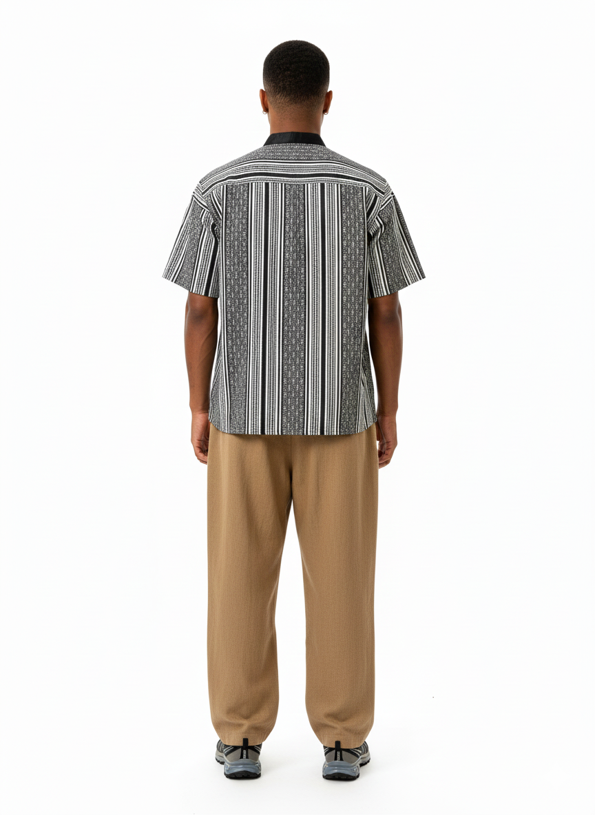 Mandarin Collar Midnight Black & White Striped Short Sleeve Shirt & Pocket