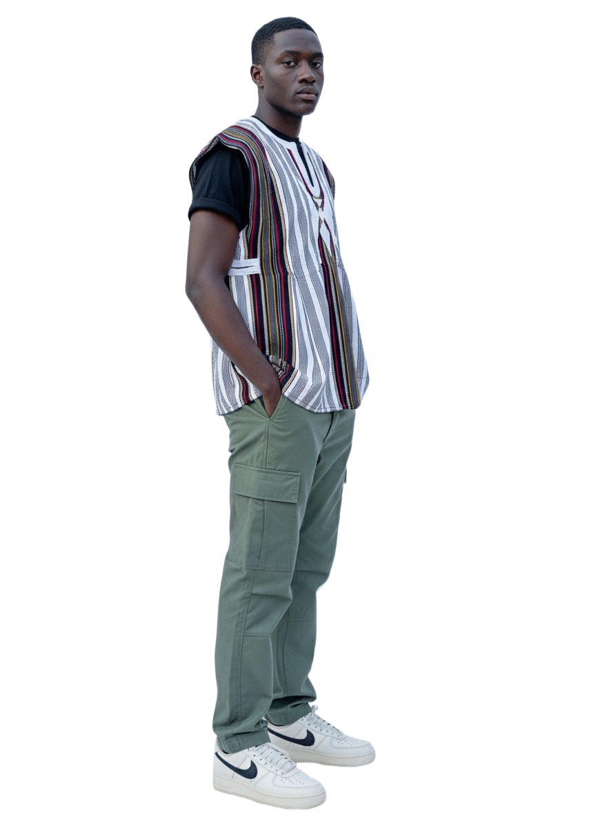 White & Multi Stripe African Handwoven Batakari Fugu