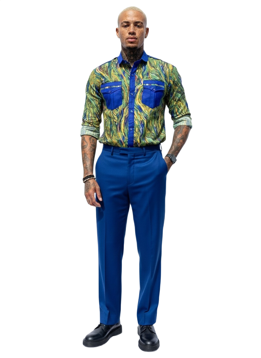 Pastel Swirl & Deep Blue Ankara Design Long Sleeved Shirt