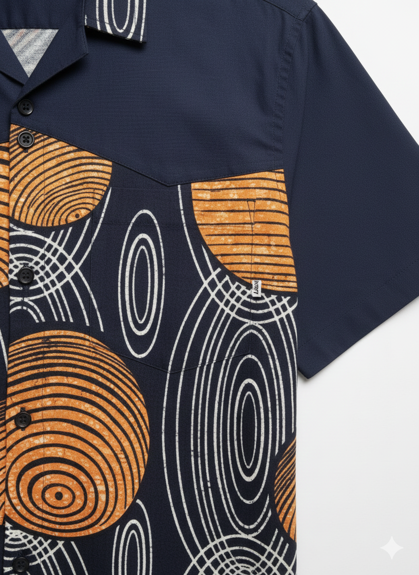 Combination Mars Orange, Navy & White Sphere Design Ankara Short Shirt