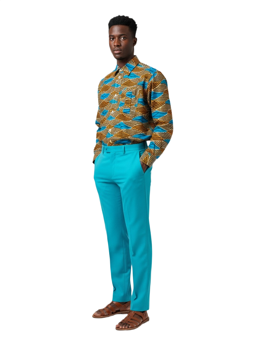Waves Pattern Honeycomb & Teal Ankara Long Sleeved Shirt