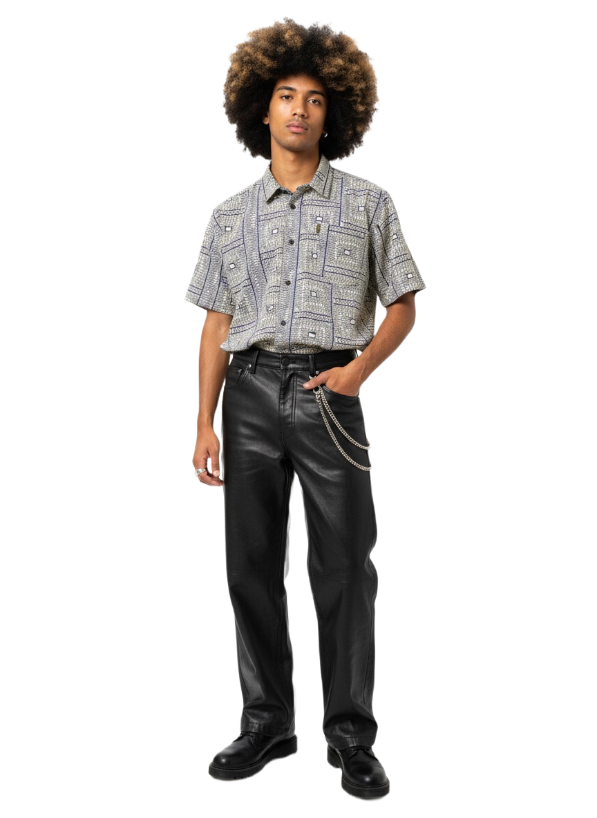 Stone Grey & Navy Geometric Ankara Print Short Sleeve Shirt