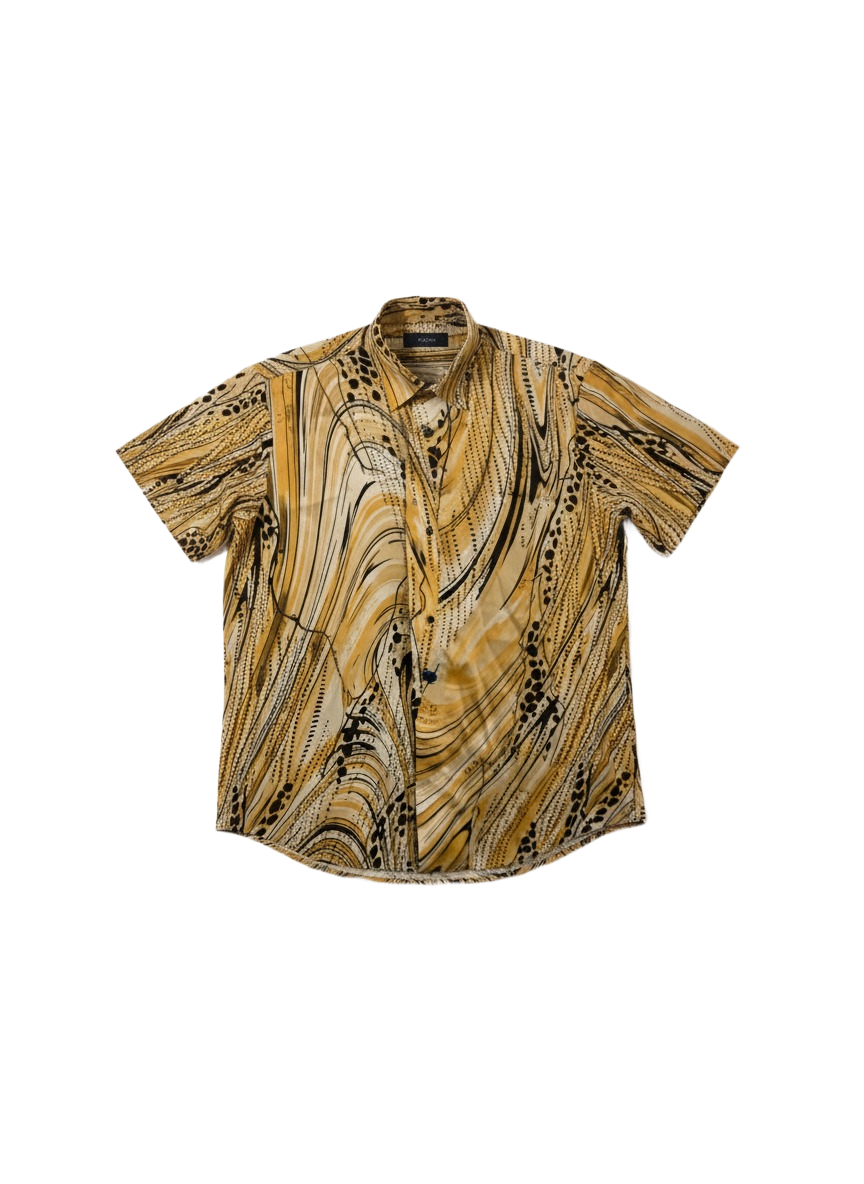 Marble Print Golden Caramel & Spotted Black  Silk Short Sleeve Smart Shirt