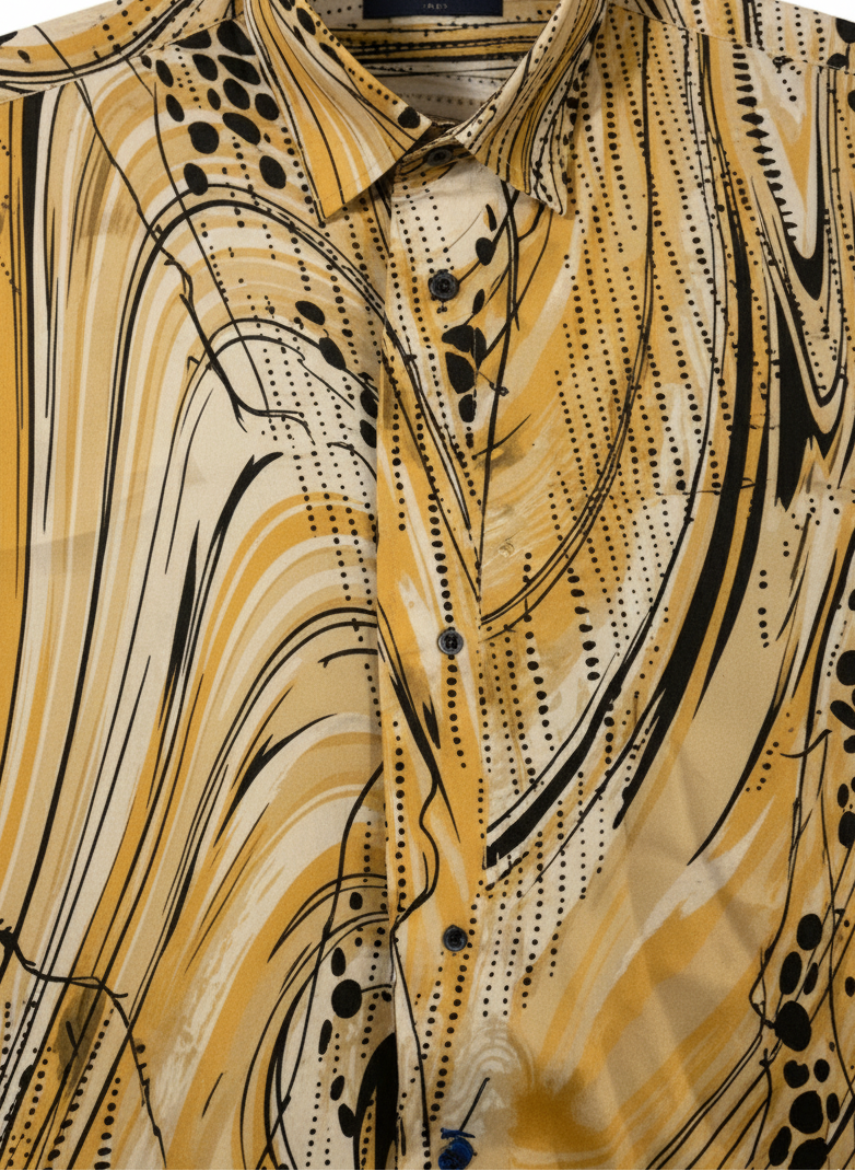 Marble Print Golden Caramel & Spotted Black Silk Long Sleeve Smart Shirt