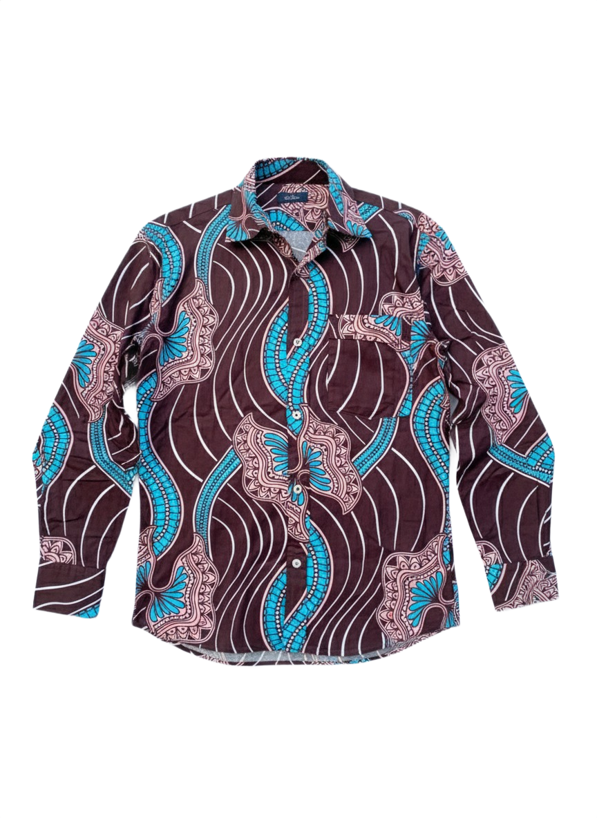 Asante Chocolate, Flamingo & Blue Ankara Long Sleeve Shirt