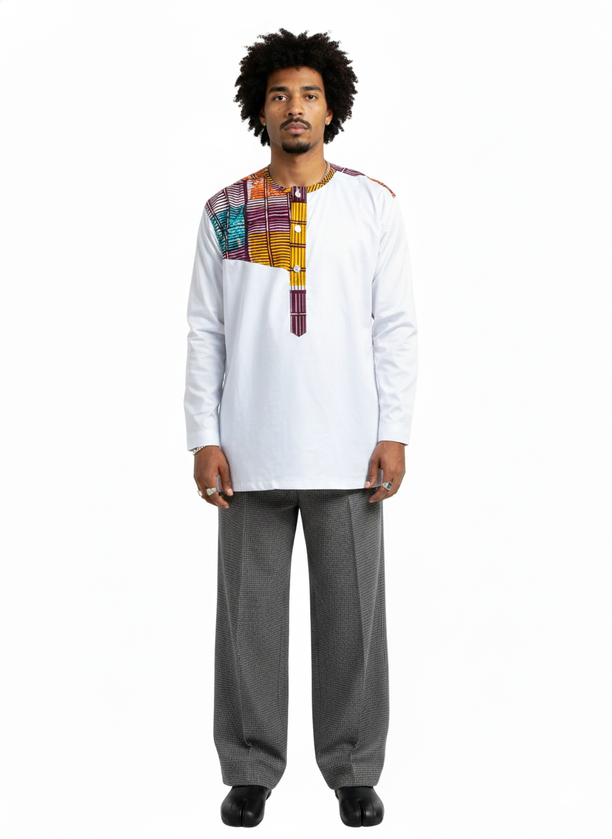 Multicoloured Ankara  & White Crew Buttoned Top